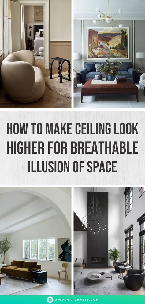 When your ceiling feels low, you can really mess with the proportions of your room. Making your ceiling look higher will upgrade your room presentation. #ceilingideas #highceiling #interiordesigns Higher Ceiling Illusion, Low Ceiling Bedroom Design, How To Make A Low Ceiling Look Higher, Make Ceiling Look Higher, How To Make Ceilings Look Higher, Low Ceiling Living Room Ideas, Low Ceiling Ideas, Low Ceiling Living Room, Low Ceiling Bedroom