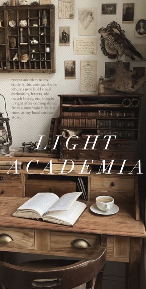 Dark Academia Homeschool, Cozy Light Academia, Light Academia Library Room, Light Academia Room Inspiration, Light Academia Study Room, Vintage Writing Desk Aesthetic, Light Academia Aesthetic Office, Academia Desk, Literature Bedroom Aesthetic