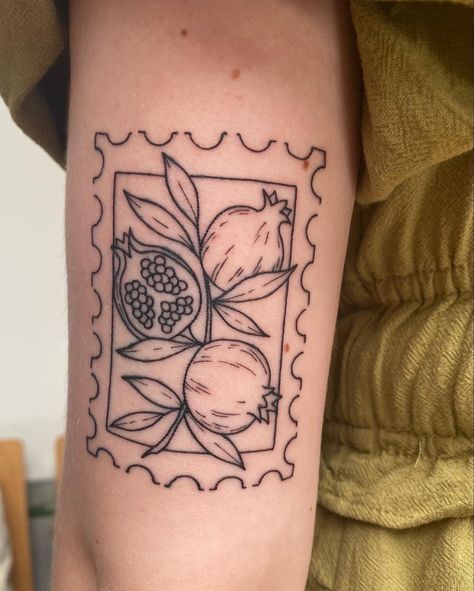 Traditional Pepper Tattoo, Pomegranate Stamp Tattoo, Fruit Plant Tattoo, Minimalist Pomegranate Tattoo, Pyrex Tattoo Patterns, Pomegranate Tattoo Design, Fruit Stamp Tattoo, Pomagranet Tattoo Simple, Traditional Pomegranate Tattoo