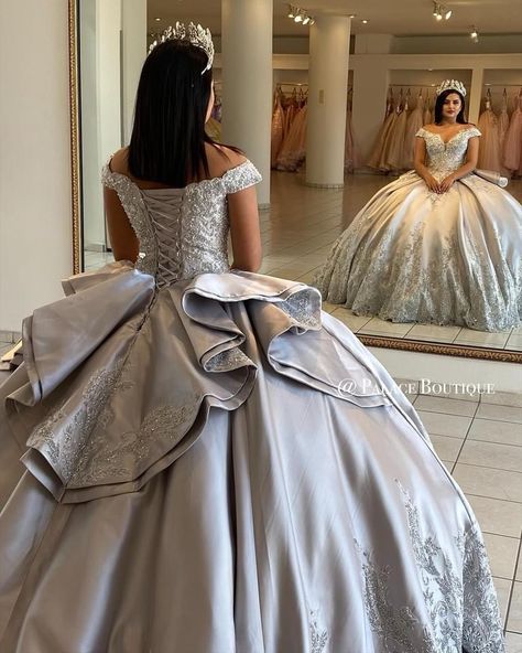 Silver Dress Quinceanera, Silver Xv Dresses, White And Silver Quinceanera Dresses, Silver Quince Dress, Grey Quince Dresses, Silver Quince Dresses, Silver Quinceanera Dresses, Silver Quince, Grey Quinceanera Dresses