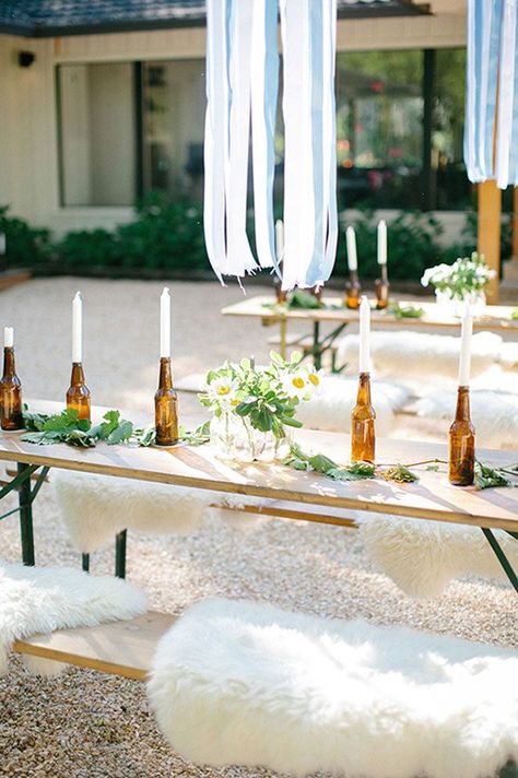 Beer Bottle Candle Holders, Backyard Beer Garden, Beer Garden Ideas, Unity Candle Alternatives, Beer Bottle Candles, Dollar Tree Centerpieces, Summer Wedding Ideas, Beach Wedding Decorations Reception, German Wedding