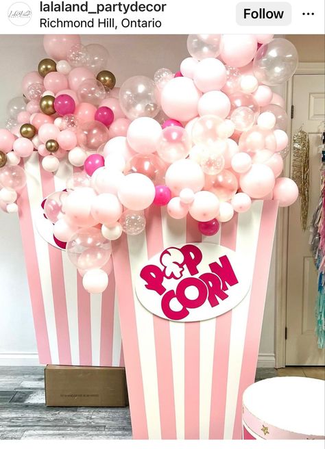 Pink Movie Theme Party, Preppy Movie Night Party, Pink Movie Birthday Party, Popcorn Theme Party Decoration, Movie Theater Theme Birthday Party, Movie Star Birthday Party, Pink Movie Party, Pink Movie Night Party, Movie Birthday Party Ideas For Kids