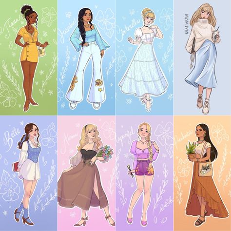 Modern Version Of Disney Princesses, Disney Modern Princess, Modern Disney Princess Outfits Real Life, Disney Princess Casual Outfits, Modern Princess Aesthetic Outfit, Modern Disney Characters, Disney Princess Outfits, Disney Princess Artwork, Disney Princesses And Princes