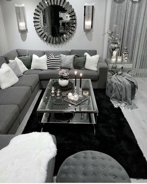 Silver Living Room Decor, Silver Living Room, Shabby Chic Decor Living Room, Gray Living Room Design, Living Room Decor Gray, Comfy Living Room, Black Living Room, Shabby Chic Living Room, Perfect Living Room