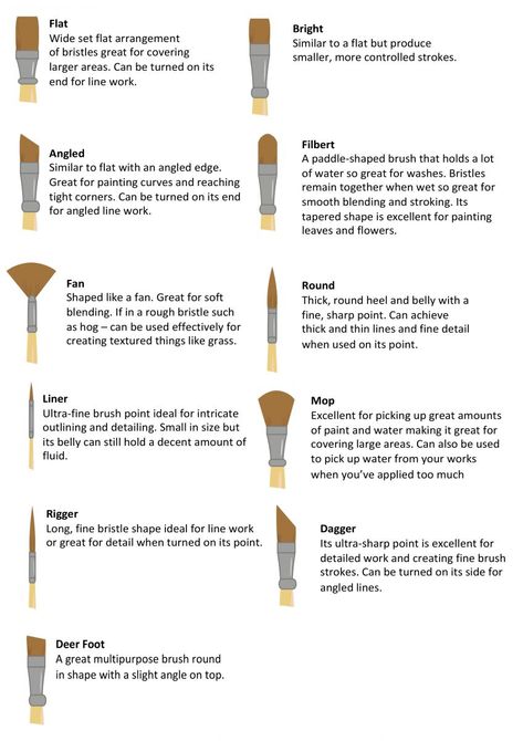 Different Paint Brush Uses, How To Use Different Paint Brushes, Artist Brush Guide, What Paint Brushes To Use, Acrylic Paint Brushes Guide, Paint Brush Care Poster, Acrylic Paint Brush Guide, Types Of Paint Brushes And Their Uses, Best Paint Brushes For Acrylic