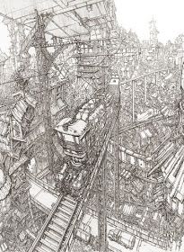 03-Jung-Min-Seub-Architecture-in-Super-Detailed-Fantasy-Drawings-www-designstack-co Fantasy Drawings, Perspective Art, Perspective Drawing, 판타지 아트, Environment Concept Art, Environmental Art, A Drawing, Fantasy Landscape, Metropolis