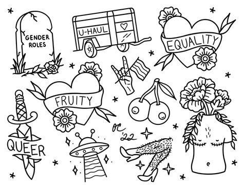 Portland Maine Tattooer on Instagram: “Excited to share my pride flash finally! These designs are available for anyone to have and are available in color or black and grey! DM or…” Color Flash Tattoo Designs, Lesbian Tattoo Flash Sheet, Pride Tattoo Flash Sheet, Pride Flash Tattoo Ideas, Feminist Flash Tattoo, Pride Drawing Ideas, Music Flash Tattoos, Apprentice Portfolio, Pride Coloring Pages