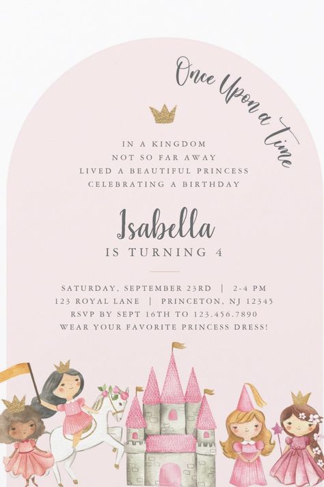 Princess Birthday Party Invitations for Girls Kids Birthday Invitation Card, Princess Birthday Party Invitations, Princess Party Invitations, 2nd Birthday Party For Girl, Disney Princess Birthday Party, Princess Theme Birthday, Invitation Card Birthday, Princess Birthday Invitations, Princess Birthday Cake