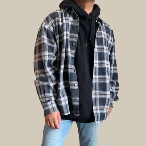 Men Hoodie Flannel Outfits, Blue And Grey Flannel Outfit, Flannel For Men, Hoodie Under Flannel Men, Men Blue Flannel Outfit, Flannel Shirt Aesthetic Men, Guys Hoodie Outfit, Flannel Over Sweatshirt Men, Guy Outfits Flannel