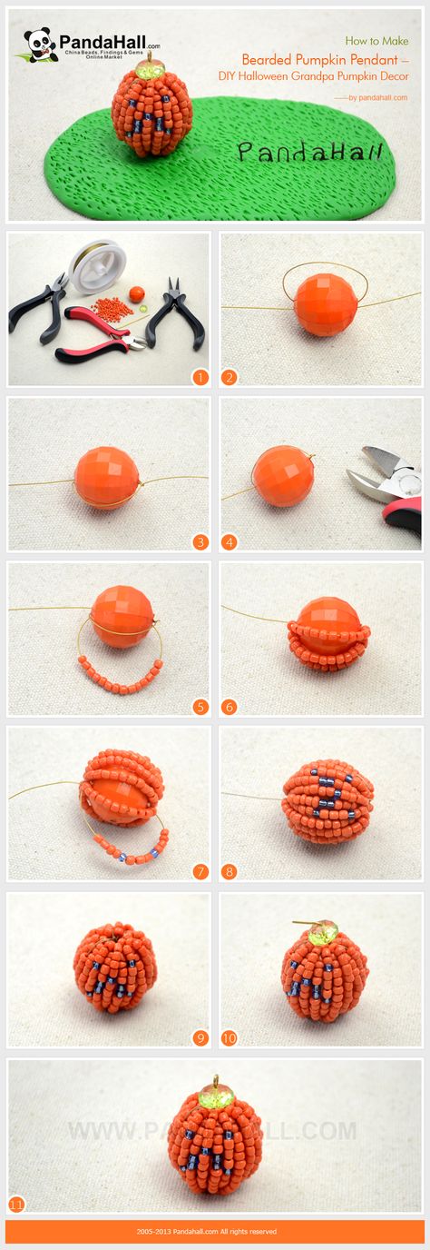 How to Make Bearded Pumpkin Pendant - DIY Halloween Grandpa Pumpkin Decor from pandahall.com Thanksgiving Beaded Crafts, Diy Halloween Earrings, Halloween Jewelry Diy Ideas, Halloween Jewelry Diy, Halloween Beaded Jewelry, Diy Friendship Bracelets Tutorial, Holiday Beading, Halloween Beads, Jewerly Beads