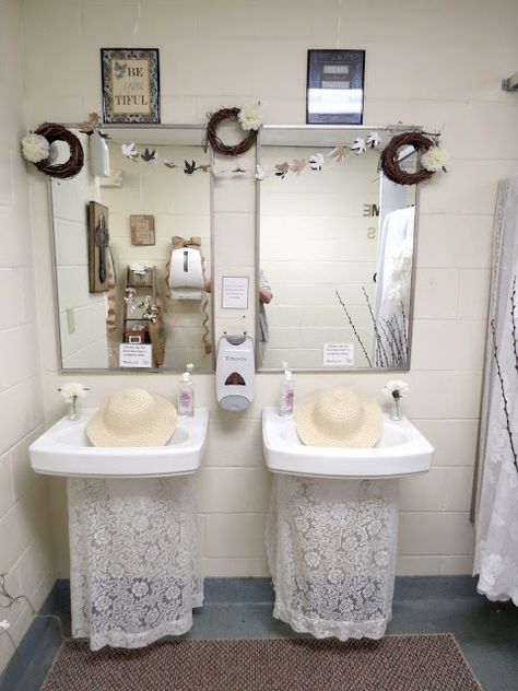 Ladies Day Apart with Lysa TerKeurst, Part I.  Decorating restrooms for women's event or wedding. Lodge Bathroom, Elks Lodge, Public Bathroom, Cottage Decorating, Lysa Terkeurst, Christian Family, Decorating Farmhouse, Public Bathrooms, Restroom Decor