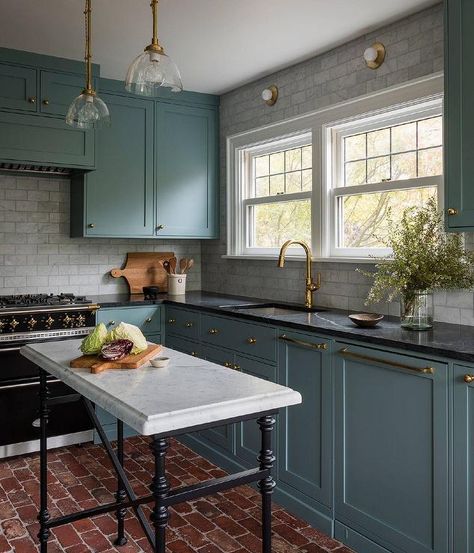 Black Marble Countertops on Blue Green ... Blue Green Kitchen, Black Marble Countertops, Teal Kitchen, Blue Kitchen Cabinets, Black Countertops, Green Kitchen Cabinets, Blue Cabinets, Classic Kitchen, Kitchen Cabinet Colors