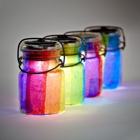 Rainbow lights jars Rainbow Wedding Theme, Solar Light Crafts, Solar Lights Diy, Mason Jar Lanterns, Wedding Theme Inspiration, Jar Lanterns, Rainbow Wedding, Light Crafts, Mason Jar Lighting