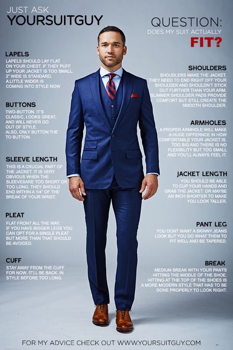 Does your suit fit? Check out this guide to be sure. Suit Tips Men Style Guides, Dressing For Success, Mens Suits Navy, Suit Guide, Suit Fit Guide, Blue Suit Men, Smart Casual Style, Designer Suits For Men, Mens Fashion Smart