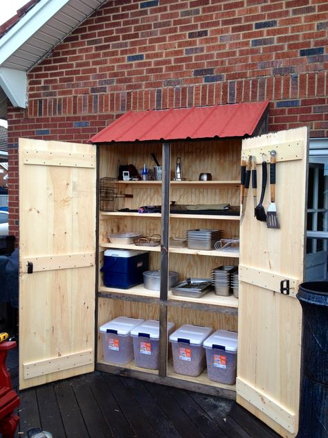 Outdoor cabinet for grilling supplies Outdoor Cabinet Diy, 1000 Lifehacks, Cabinet Diy, Outdoor Storage Shed, Outdoor Cabinet, Outdoor Storage Cabinet, Box Light, Diy Pool, Tool Sheds