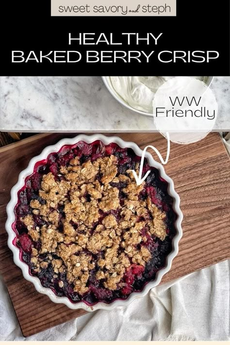 There's nothing better than freshly picked berries in the summertime; so it's only natural that the best, easiest dessert to prepare in the summertime is a fruit crisp.  This healthy baked berry crisp features all the components of a classic berry crisp: deliciously sweet and tart berries, topped with a crispy crumble made with flour, oats, sugar, and butter.  This berry crisp is delicious enough to bring to a barbeque, but also easy and healthy enough to make for yourself to snack on during the