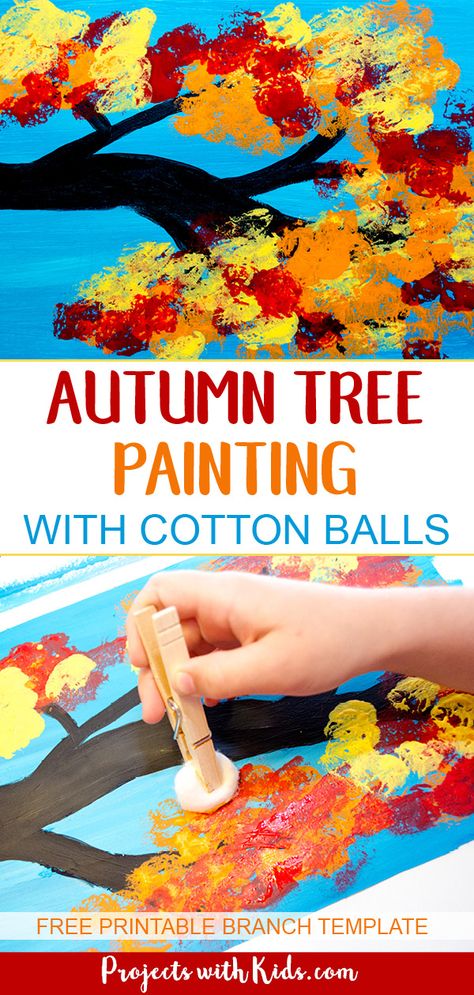 Create this gorgeous autumn tree painting using cotton balls. Kids will love creating this fall craft with all of the beautiful colors of autumn! Includes a branch template to make it an easy autumn craft for kids of all ages. #projectswithkids #fallcrafts #falltree #autumncrafts #craftsforkids Autumn Tree Painting, Preschool Fall, Easy Fall Crafts, Fall Preschool, Autumn Tree, Fall Crafts For Kids, Fall Crafts Diy, Autumn Crafts, Kindergarten Art