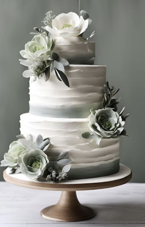 Wedding Cake Forest Green, Sage Green And Blue Wedding Cake, Sage And Dusty Blue Wedding Cake, Wedding Cake With Sage Green, Dark Green Wedding Cake Ideas, Safe Green Wedding Cake, Wedding Cake With Green, Black And Green Wedding Cake, Wedding Cake Green And White