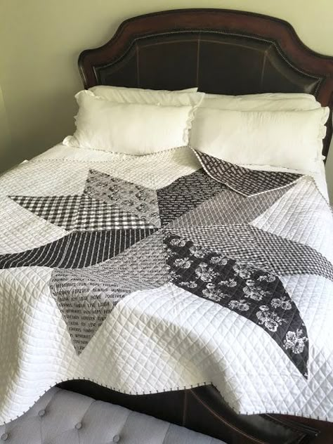 URBAN COTTAGE GIANT STAR QUILT Monday, July 29, 2019 Hi friends!  Today I'm excited to share with you a quilt I finished up over the weekend.   It's a new favorite and for sure one of the easiest quilts I've ever made! From the moment I saw the line Urban Cottage by Urban Chiks for Moda,  I knew I had to have some!  It goes with my sewing room perfectly! I ordered a fat quarter bundle plus some yardage and now I have two projects made with this line. [Click HERE to see the other project, m Scrappy Star Quilt Blocks, Large Pattern Quilts, Big Star Quilt Pattern, Large Star Quilt Pattern, Large Star Quilt, King Size Quilt Patterns, Giant Star Quilt, History Of Quilting, Star Quilt Pattern