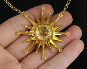 Big Gold Necklace, Honey Yellow Color, Citrine Crystal Necklace, November Birthstone Necklace, Honey Yellow, Necklace Star, Necklace Big, Sun Necklace, Citrine Jewelry