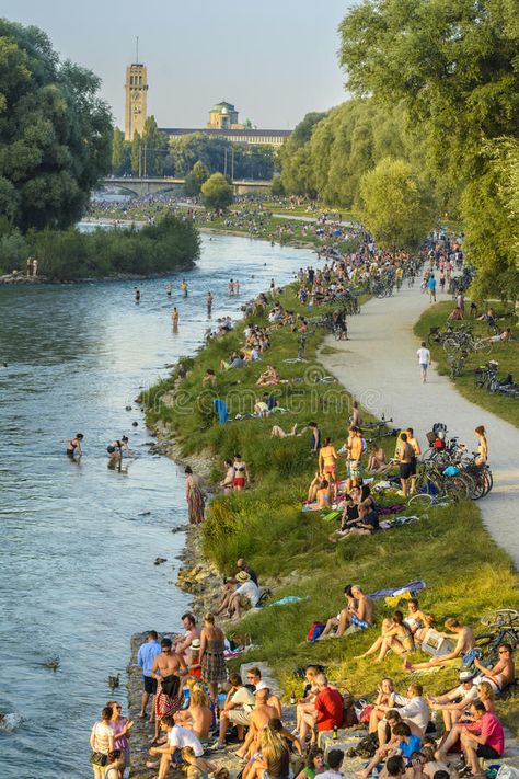 People on Isar river, Munich, Germany. Unidentified people, enjoy the sunset on , #SPONSORED, #Munich, #Germany, #Unidentified, #People, #Isar #ad Landscape Space, City Branding, Urban Landscape Design, Riverside Park, Modern Landscape Design, River Park, Architectural Sketch, Green City, Water Art