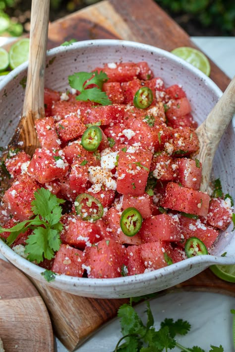 Easy Side Salad Recipes, Watermelon Feta Mint Salad, Easy Side Salad, Spicy Watermelon, Chili Lime Seasoning, Feta Cheese Salad, Side Salad Recipes, Watermelon Feta Salad, Mint Salad