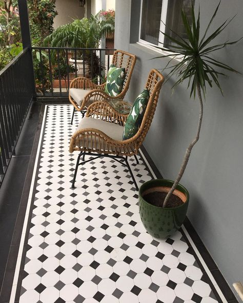 Renditions Tiles on Instagram: “Tessellated Verandah & Pathway  Floor Scheme.  Super white Oxley Pattern with alternating 50mm dots + Double strip border 48mm + infill…” Tiled Balcony Floor, Black And White Balcony Tiles, Balcony Floor Tiles Design, Small Balcony Tiles Floors, Terrace Design Floor, Tiled Porch Floor Entrance, Balcony Tiles Floors, Brick Pathways, Verandah Ideas