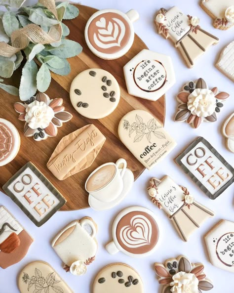 Coffee Sugar Cookies, Coffee Baby Shower, Coffee Bridal Shower, Royal Iced Cookies, Cookies Theme, Bridal Shower Cookies, Coffee Cookies, Sugar Cookie Designs, Coffee Theme