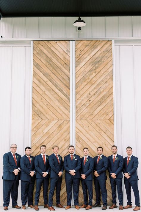 Wedding Rust And Navy, Navy And Rust Bridal Party, Navy Blue And Burnt Orange Groomsmen, Navy Blue Tuxedo Wedding Burnt Orange, Navy And Terracotta Groomsmen, Fall Wedding Navy Suits, Dark Navy Groomsmen Suits, Dark Navy Groomsmen, Navy Groomsman