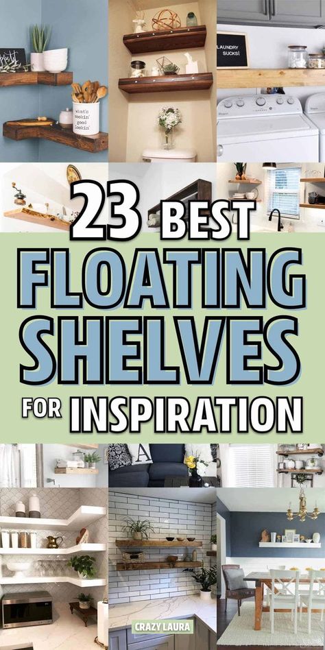 Check out these gorgeous DIY floating shelf ideas to save some money when build your own! Shelves In Kitchen Wall Shelves, Wood Plank Wall With Shelves, Ikea Floating Shelves Kitchen, Bathroom Wood Floating Shelves, Hanging Bookshelves Living Room, Floating Shelf Decorating Ideas, Floating Shelves For Kitchen Wall, Floating Shelf Ideas For Living Room, Wooden Floating Shelves Bedroom