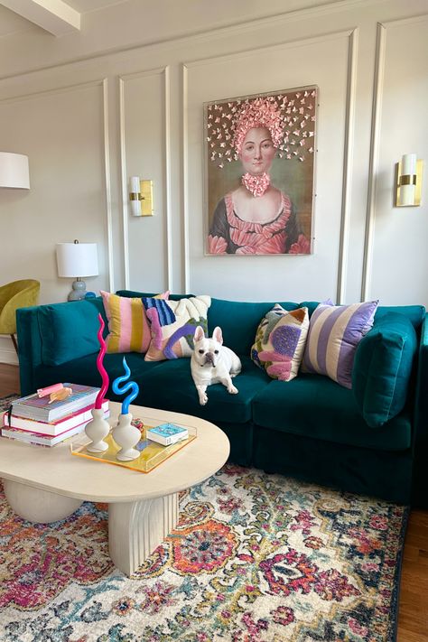 Elegant Colorful Living Room, Miami Living Room Decor, White Sofa Colorful Living Room, Anthropologie Room Inspiration, Anthropologie Home Decor Inspiration Living Room, Anthropology Living Room, Anthropologie Home Aesthetic, Anthropologie Home Living Room, Anthro Living