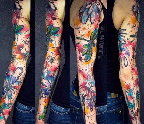 Colored Sleeve Tattoo, Watercolor Sleeve, Kiwi Tattoo, Watercolor Tattoo Sleeve, Tattoo Large, Music Tattoo Sleeves, Tattoo Sleeve Filler, Beautiful Tattoos For Women, Upper Arm Tattoos