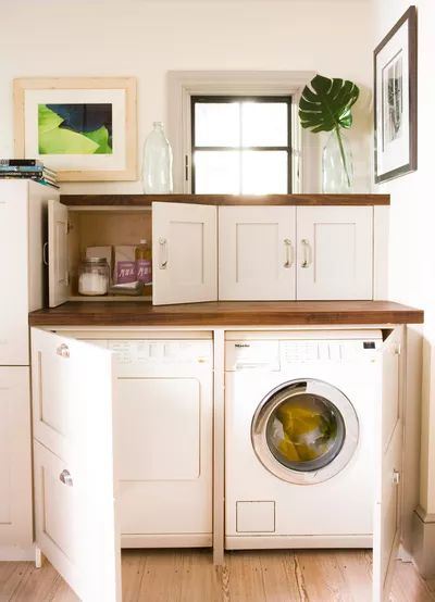 Hidden Laundry Rooms, Retro Laundry Room, Laundry Room Decorating, Stacked Laundry Room, Hidden Laundry, Laundry Room Ideas Small Space, Small Laundry Room Makeover, Tiny Laundry Rooms, Farmhouse Laundry Room