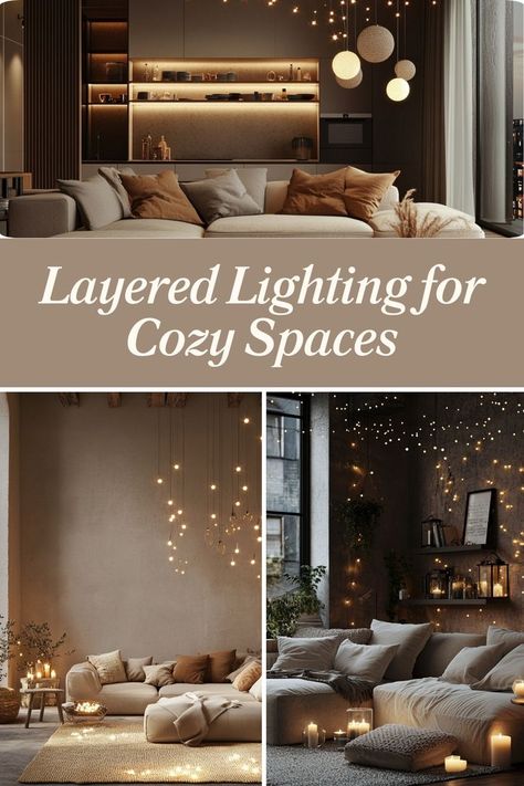 Use layered lighting to create a warm and cozy ambiance in your home. #LayeredLighting #CozyDecor #HomeAtmosphere Cozy Hygge Living Room, Living Room String Lights, Mood Lighting Living Room, Room Lights Decor, Cozy Living Room Warm, Hygge Living Room, Zen Living Room, Different Types Of Lighting, Layered Lighting