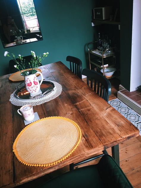 Victorian terrace dining room, dark green, rustic wood dining table Emerald Green Dining Table, Dark Green Dining Table, Victorian Terrace Dining Room, Dark Green Dining Room, Terrace Dining Room, Table Renovation, Best Dining Room Colors, Rustic Wood Dining Table, Dining Room Dark