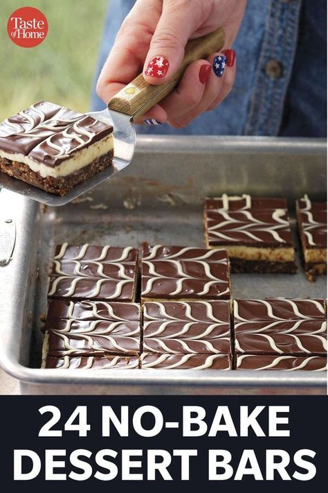 Taste of Home Dessert Bars Easy, Summer Chocolate Dessert, Easy Dessert Recipes No Bake, Dessert Recipes No Bake, Easy Potluck Desserts, Recipes No Bake, No Bake Chocolate Desserts, Fast Easy Desserts, Cold Dessert Recipes