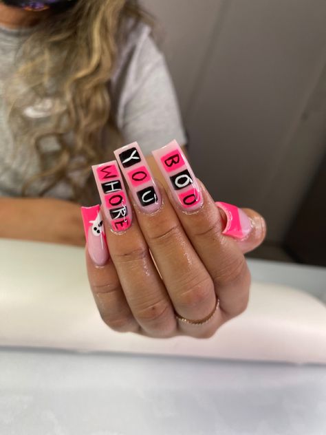 Pink square nails Cute Nail Sets Art Designs, Mean Girls Nails Acrylic, Mean Girls Inspired Nails, Mean Girls Nails Ideas, Burn Book Nails, Mean Girl Nails, Mean Girls Nails, Braiders Nails, Word Nails