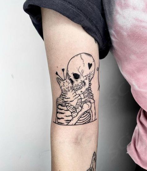 Skeleton Holding Cat Tattoo, Skeleton And Cat Tattoo, Cat And Skull Tattoo, Cat Knee Tattoo, Skeleton Cat Tattoo, Cat Skeleton Tattoo, My Cat Tattoo, Tattoo Finder, Unique Tattoos With Meaning