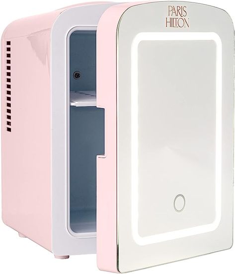 Barbie inspired! Paris Hilton Mini Refrigerator and Personal Beauty Fridge, Mirrored Door with Dimmable LED Light, Thermoelectric Cooling and Warming Function for All Cosmetics and Skincare Needs, 4-Liter, Pink Makeup Desk Bedroom, Pink Mini Fridge, Beauty Fridge, Skincare Needs, Mirrored Door, Girls Gift Guide, Mini Refrigerator, Mini Wine Bottles, Skin Care Face Mask