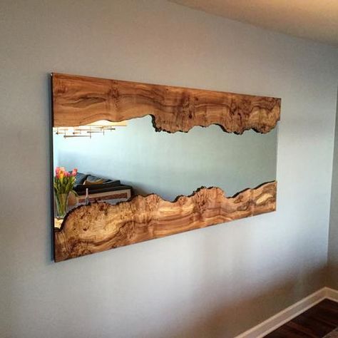 Live Edge Wall, Wooden Mirror Frame, Live Edge Furniture, Wood Framed Mirror, Diy Holz, Wooden Mirror, Live Edge Wood, Wood Mirror, Rustic Furniture