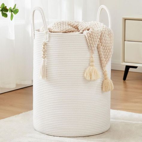 Woven Rope Laundry Hamper, Tall Laundry Basket for Blanket Storage, Large Dirty Clothes Hamper for Toys, Decorative Baby Nursery Hamper for Bedroom, Living Room - White, 58L Aesthetic Laundry Basket, Cute Laundry Basket, Laundry Basket Bedroom, Tall Laundry Basket, Laundry Hamper Storage, Nursery Hamper, Moving Checklist, Clothes Hamper, Blanket Basket