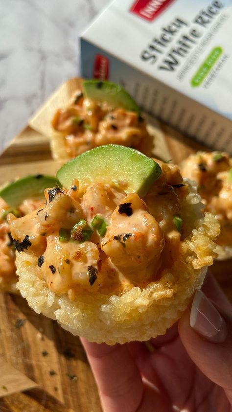 Spicy Shrimp Crispy Rice Cups | the ULTIMATE snack or appetizer✨ I love using @EatInnovAsian Sticky White Rice for sushi, onigiri & so… | Instagram Spicy Shrimp Crispy Rice Cups, Crispy Rice Shrimp Bites, Crispy Rice Cups, Shrimp Onigiri, Coco Rice, Rice For Sushi, Sushi Onigiri, Sticky White Rice, Rice Cups