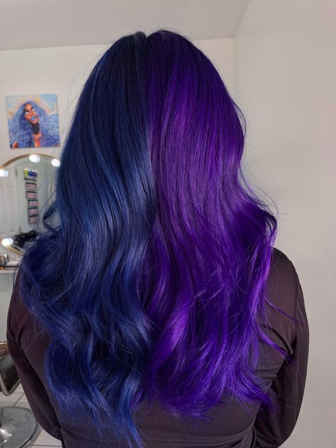 Spilt Dye Hair Purple, Blue And Purple Hair Half, Dark Purple Hair Grunge, Purple Split Hair, Dark Blue And Dark Purple Hair, Duo Color Hair, Split Purple Hair, Half Purple Half Blue Hair, Dark Blue And Purple Hair