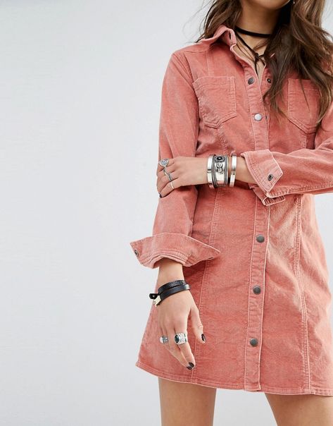 Image 3 of Glamorous Petite Pink Corduroy Button Front Dress Corduroy Dress Outfit, Trend Prediction, Corduroy Shirt Dress, Shirt Dress Outfit, Iranian Women Fashion, Pink Corduroy, Winter Dress Outfits, Button Front Dress, Corduroy Dress