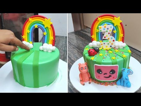 Cocomelon Cake Homemade, Cocomelon Cake Without Fondant, Cocomelon Cake Non Fondant, Cocomelon 2 Tier Cake Design, Coconelon Boy Cake, Cocomelon Cake, Melon Cake, 3 Tier Cake, Cupcake Tutorial