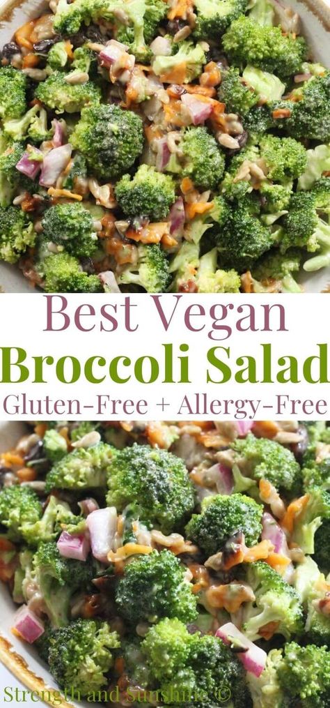 Vegan Broccoli Salad (Gluten-Free, Allergy-Free) | Strength and Sunshine | A super simple and easy recipe for Vegan Broccoli Salad! This classic Southern side dish is a must for all your cookouts, potlucks, and picnics! Just 8 ingredients, this healthier vegetarian broccoli salad is gluten-free, allergy-free, no-cook, and can be whipped up in 10 minutes! Vegetarian Broccoli Salad, Vegan Broccoli Salad, Vegan Potluck, Vegan Broccoli, Vegan Recipes Plant Based, Gluten Free Salads, Broccoli Salad Recipe, Vegan Salad Recipes, Vegan Side Dishes