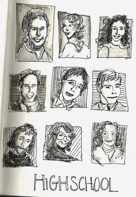 High school yearbook, by sketchbookbuttons.  Never thought of doing this, but it would actually be a good sketching exercise.  #journal Yearbook Drawing, Ceramics Classroom, Sketching Exercises, Aviation School, Yearbook Inspiration, Character Sketching, Exercise Journal, Intro To Art, Yearbook Staff