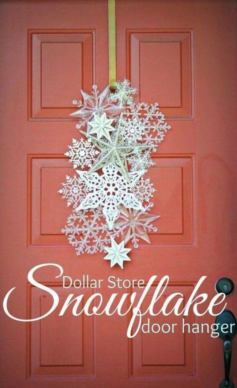 Dollar Store snowflake door hanger January Door Decorations, Snowflake Door, Diy Christmas Snowflakes, Dollar Store Christmas Decorations, Winter Door Decorations, Craft Projects For Adults, Snowflake Wreath, Christmas Crafts For Adults, Christmas Window Decorations