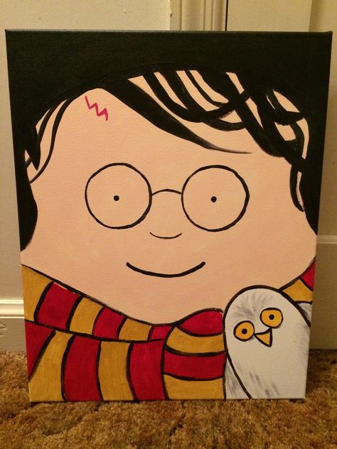 My painting of Harry Potter Harry Potter Canvas Painting, Harry Potter Ideas, Harry Potter Birthday Invitations, Canvas Art Diy, Harry Potter Face, Diy Harry Potter, Painting Rainbow, Harry Potter Painting, Disney Canvas