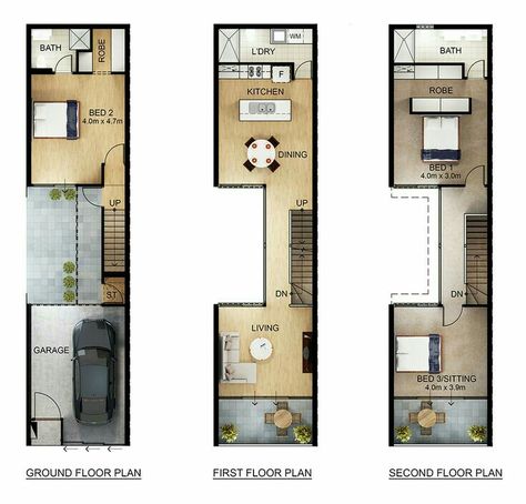 Studio Layout Floor Plans, Apartment Studio Layout, Kitchen Galley, Narrow House Designs, Narrow House Plans, Studio Layout, Narrow Lot House, Apartment Studio, Architectural Floor Plans